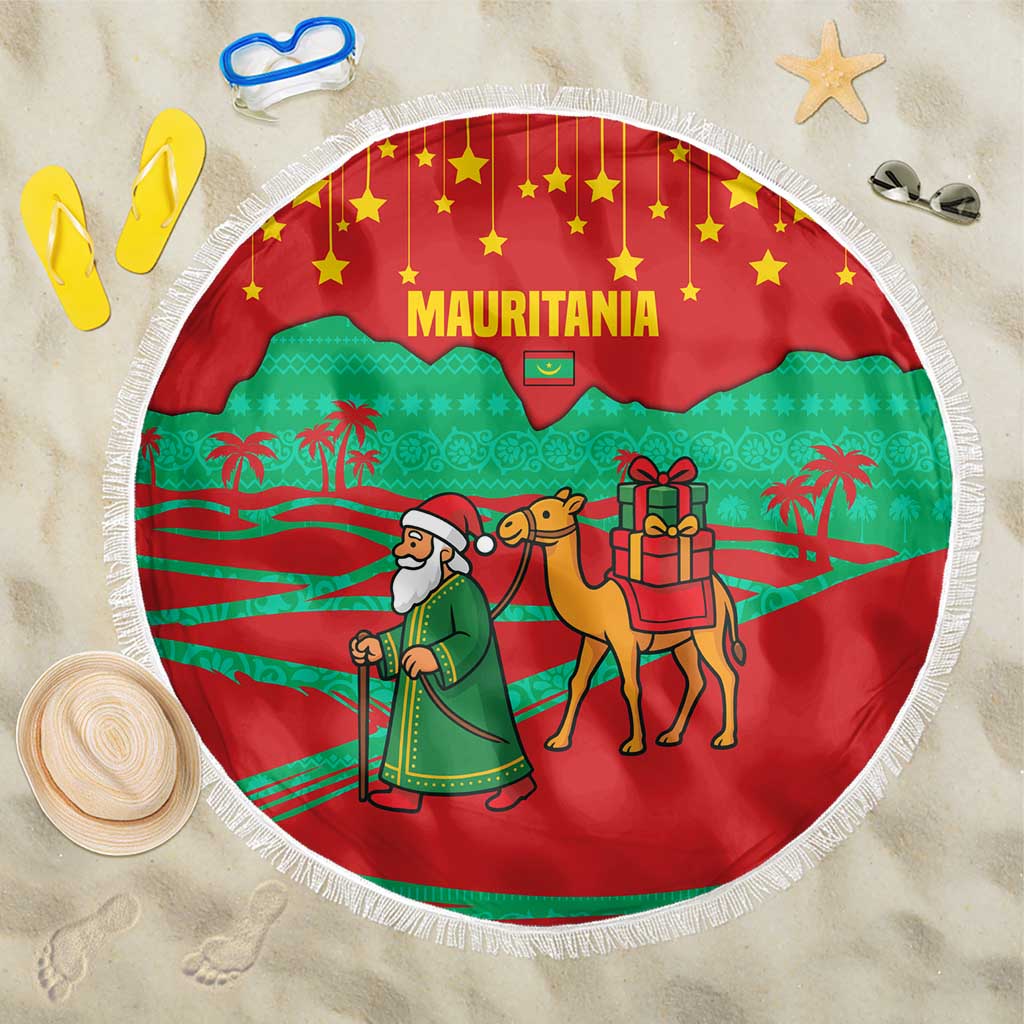 Mauritania Christmas Beach Blanket with Santa Claus Camel Gift Boxes Starry Sky and Desert Pattern Design - Wonder Print Shop