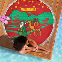 Mauritania Christmas Beach Blanket with Santa Claus Camel Gift Boxes Starry Sky and Desert Pattern Design - Wonder Print Shop