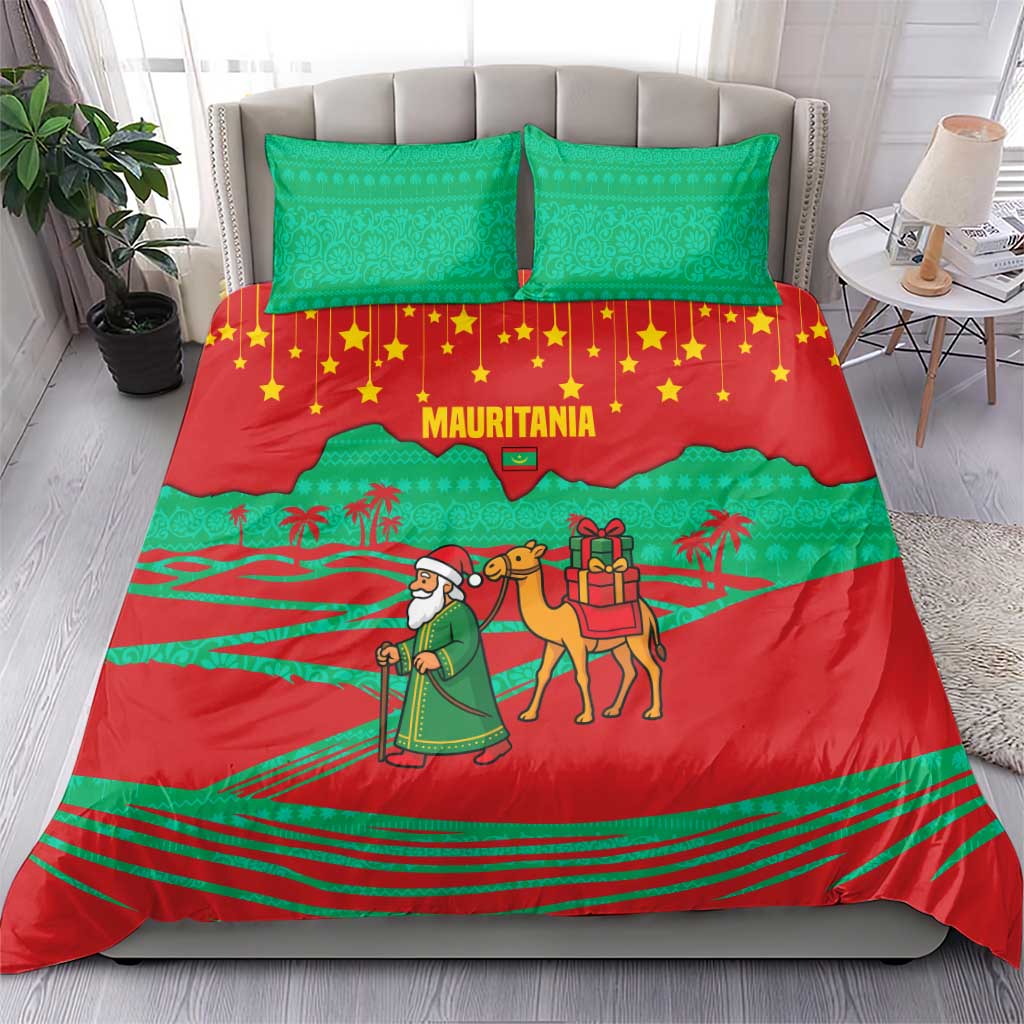 Mauritania Christmas Bedding Set with Santa Claus Camel Gift Boxes Starry Sky and Desert Pattern Design - Wonder Print Shop