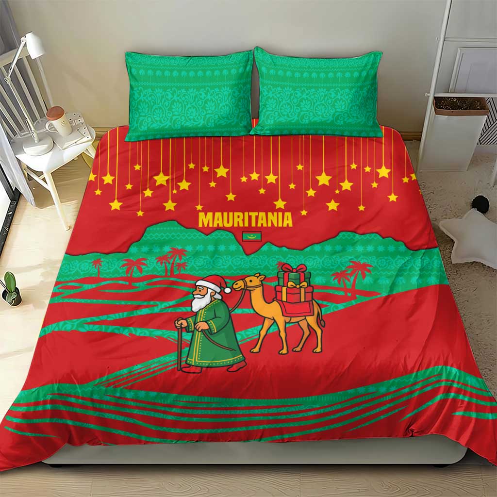 Mauritania Christmas Bedding Set with Santa Claus Camel Gift Boxes Starry Sky and Desert Pattern Design - Wonder Print Shop