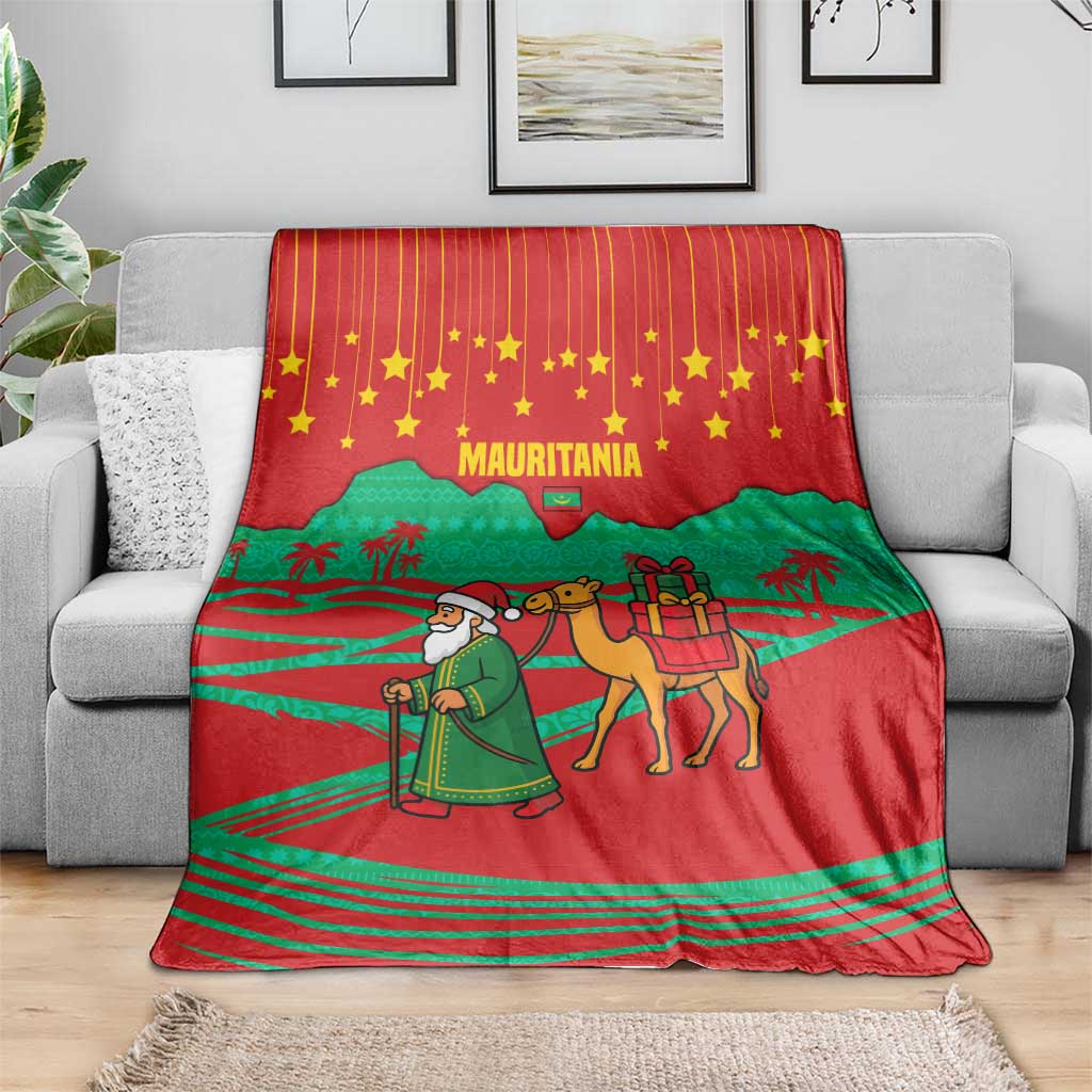 Mauritania Christmas Blanket with Santa Claus Camel Gift Boxes Starry Sky and Desert Pattern Design - Wonder Print Shop