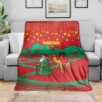 Mauritania Christmas Blanket with Santa Claus Camel Gift Boxes Starry Sky and Desert Pattern Design - Wonder Print Shop
