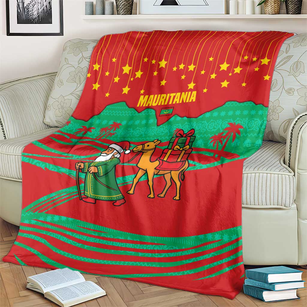 Mauritania Christmas Blanket with Santa Claus Camel Gift Boxes Starry Sky and Desert Pattern Design - Wonder Print Shop