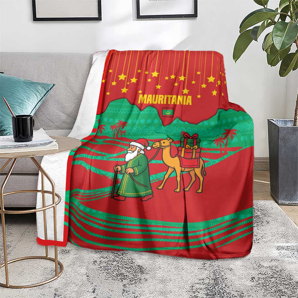 Mauritania Christmas Blanket with Santa Claus Camel Gift Boxes Starry Sky and Desert Pattern Design - Wonder Print Shop