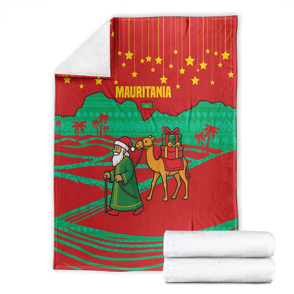 Mauritania Christmas Blanket with Santa Claus Camel Gift Boxes Starry Sky and Desert Pattern Design - Wonder Print Shop