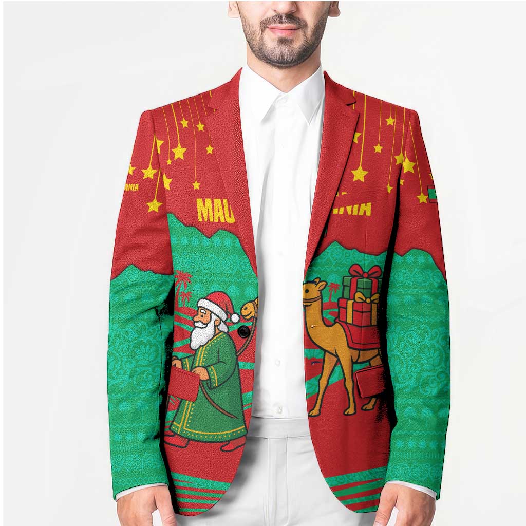 Mauritania Christmas Blazer with Santa Claus Camel Gift Boxes Starry Sky and Desert Pattern Design - Wonder Print Shop