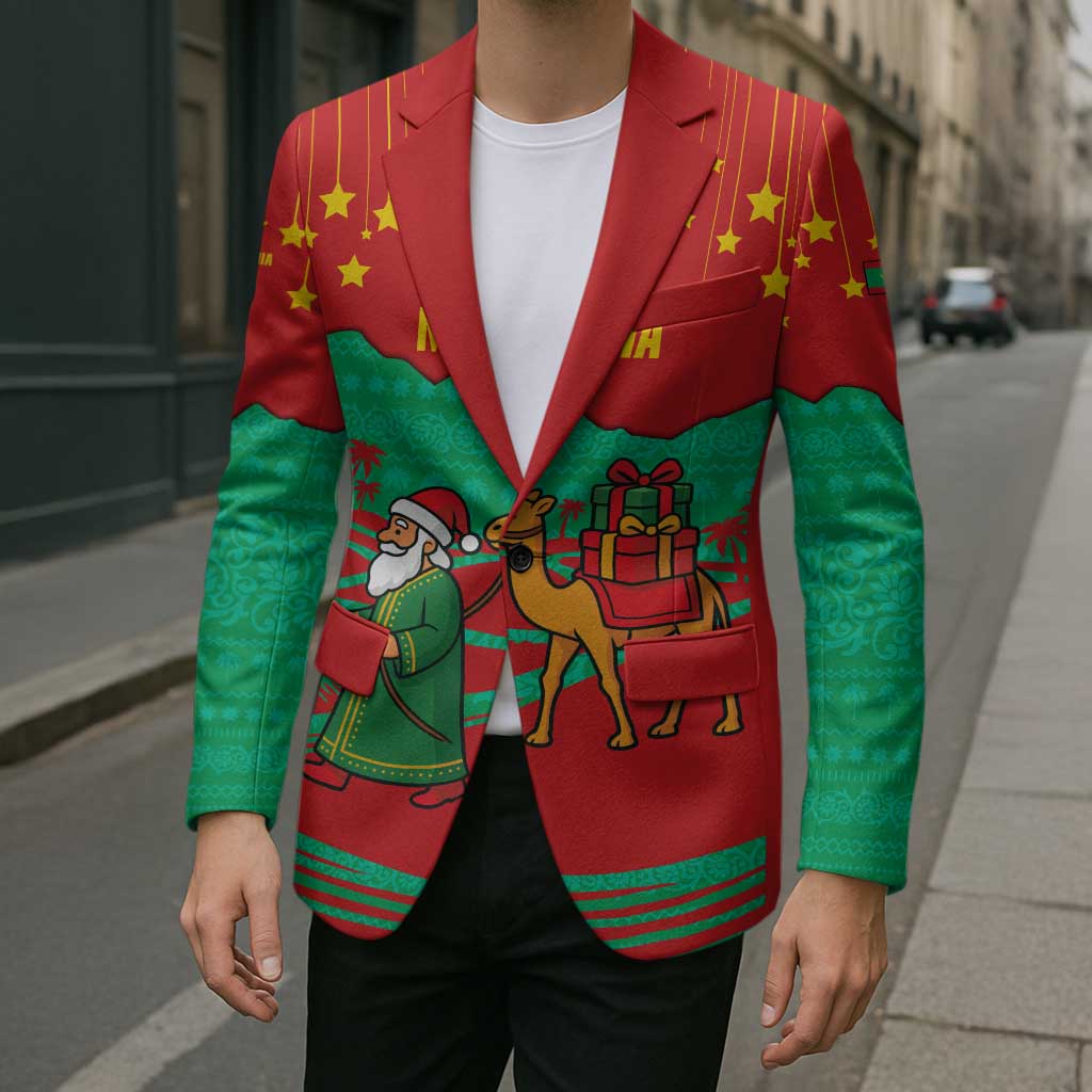 Mauritania Christmas Blazer with Santa Claus Camel Gift Boxes Starry Sky and Desert Pattern Design - Wonder Print Shop