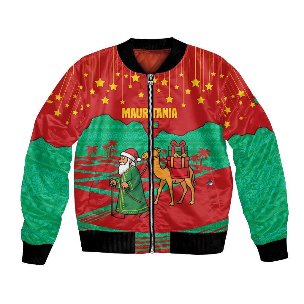 Mauritania Christmas Bomber Jacket with Santa Claus Camel Gift Boxes Starry Sky and Desert Pattern Design - Wonder Print Shop
