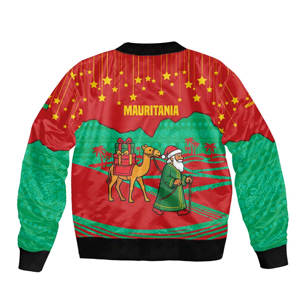 Mauritania Christmas Bomber Jacket with Santa Claus Camel Gift Boxes Starry Sky and Desert Pattern Design - Wonder Print Shop