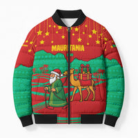 Mauritania Christmas Bomber Puffer Jacket with Santa Claus Camel Gift Boxes Starry Sky and Desert Pattern Design - Wonder Print Shop