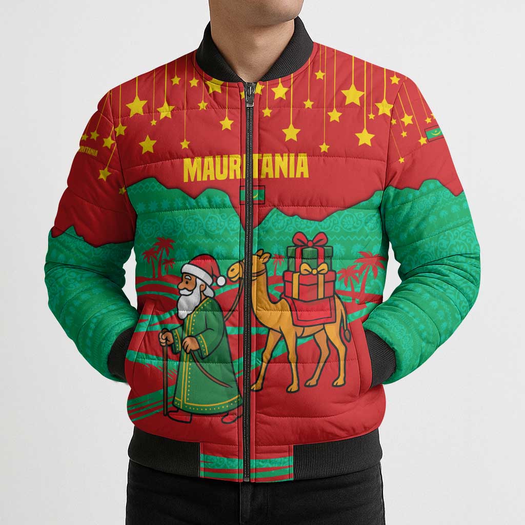 Mauritania Christmas Bomber Puffer Jacket with Santa Claus Camel Gift Boxes Starry Sky and Desert Pattern Design - Wonder Print Shop