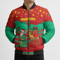 Mauritania Christmas Bomber Puffer Jacket with Santa Claus Camel Gift Boxes Starry Sky and Desert Pattern Design - Wonder Print Shop