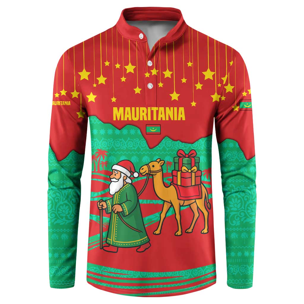 Mauritania Christmas Button Sweatshirt with Santa Claus Camel Gift Boxes Starry Sky and Desert Pattern Design - Wonder Print Shop
