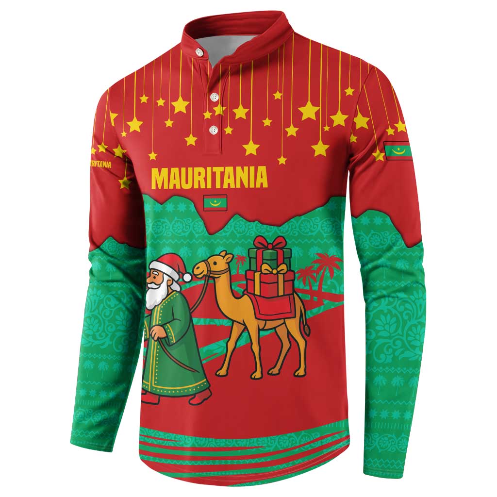 Mauritania Christmas Button Sweatshirt with Santa Claus Camel Gift Boxes Starry Sky and Desert Pattern Design - Wonder Print Shop