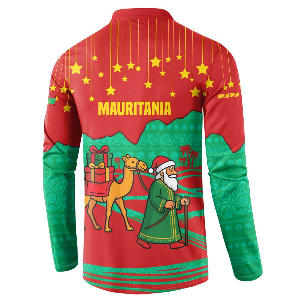 Mauritania Christmas Button Sweatshirt with Santa Claus Camel Gift Boxes Starry Sky and Desert Pattern Design - Wonder Print Shop