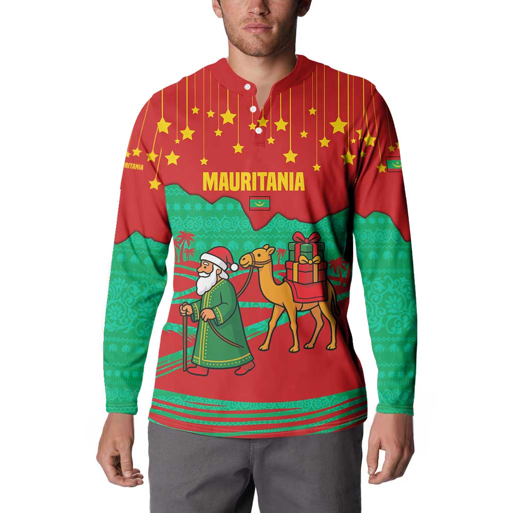 Mauritania Christmas Button Sweatshirt with Santa Claus Camel Gift Boxes Starry Sky and Desert Pattern Design - Wonder Print Shop