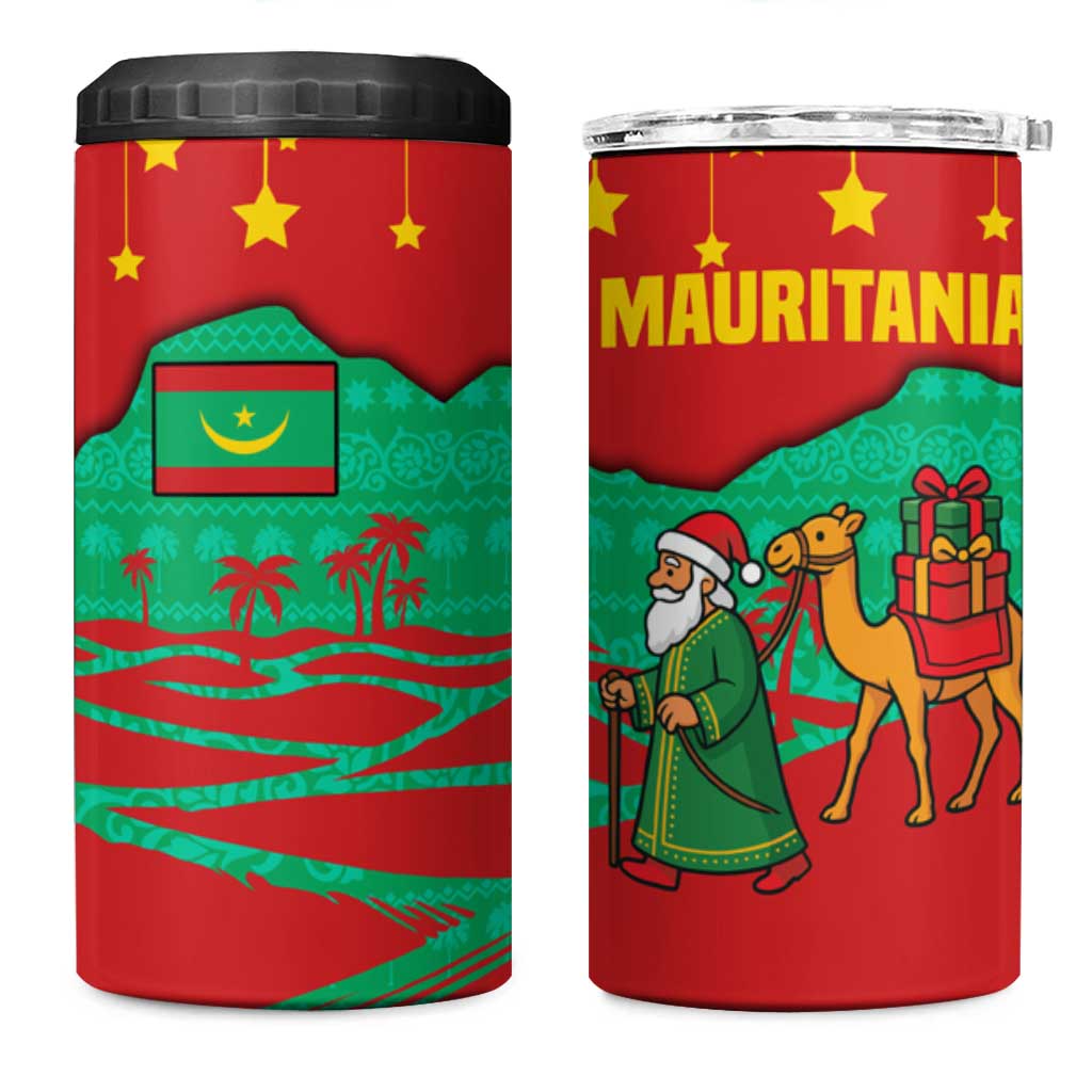 Mauritania Christmas 4 in 1 Can Cooler Tumbler with Santa Claus Camel Gift Boxes Starry Sky and Desert Pattern Design - Wonder Print Shop
