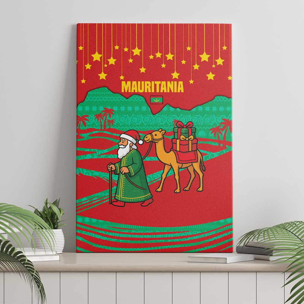 Mauritania Christmas Canvas Wall Art with Santa Claus Camel Gift Boxes Starry Sky and Desert Pattern Design - Wonder Print Shop
