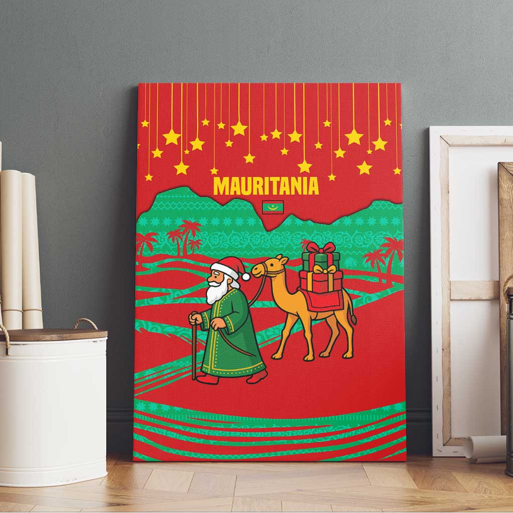 Mauritania Christmas Canvas Wall Art with Santa Claus Camel Gift Boxes Starry Sky and Desert Pattern Design - Wonder Print Shop