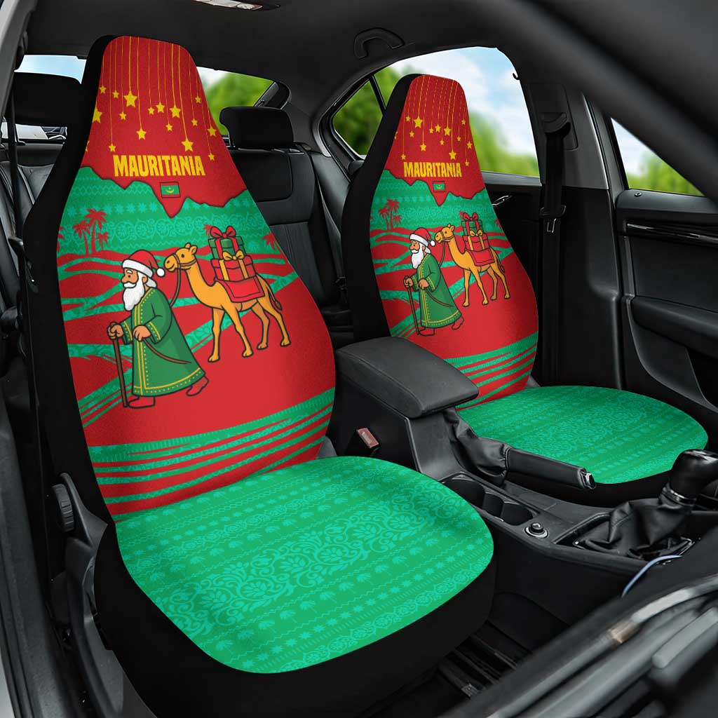 Mauritania Christmas Car Seat Cover with Santa Claus Camel Gift Boxes Starry Sky and Desert Pattern Design - Wonder Print Shop