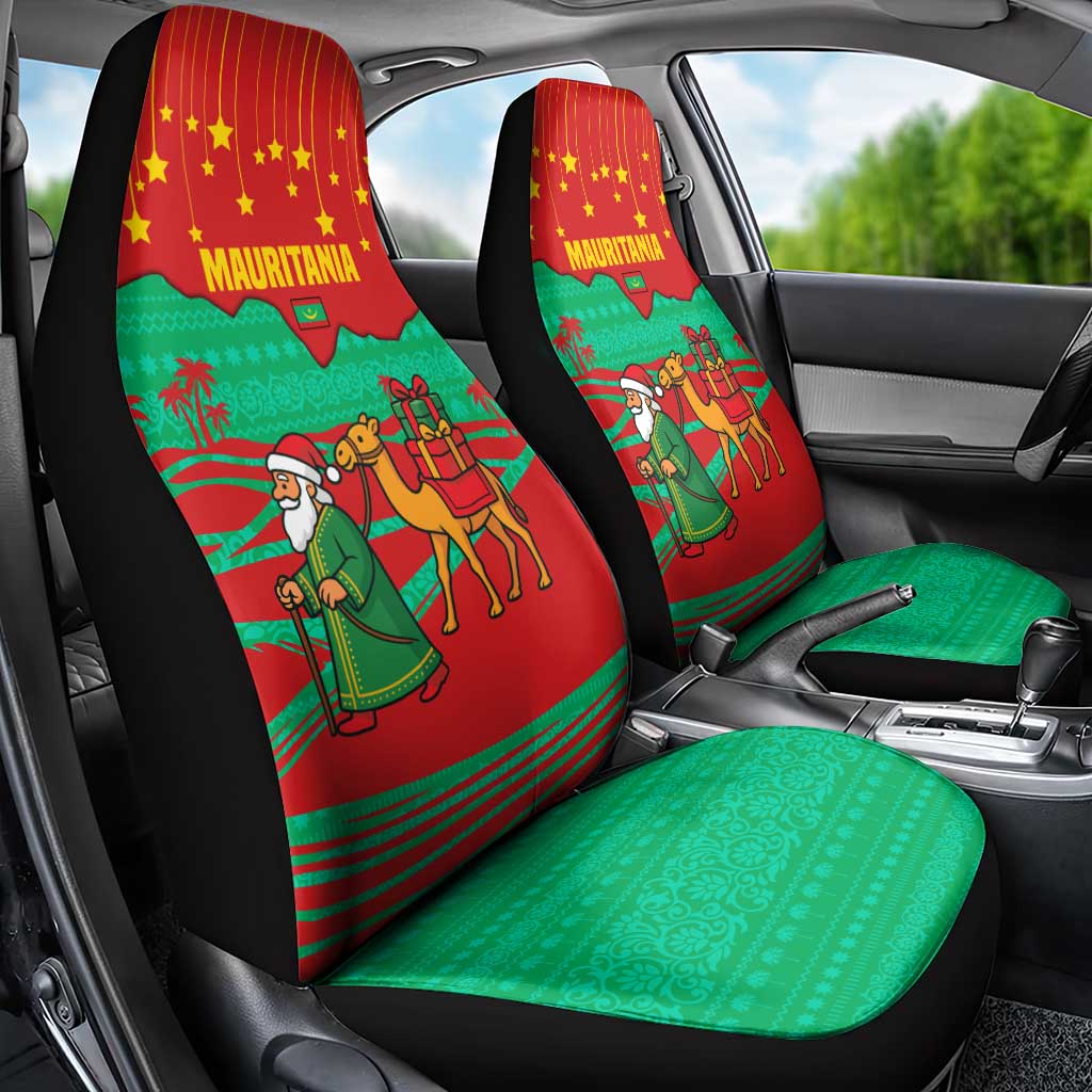 Mauritania Christmas Car Seat Cover with Santa Claus Camel Gift Boxes Starry Sky and Desert Pattern Design - Wonder Print Shop