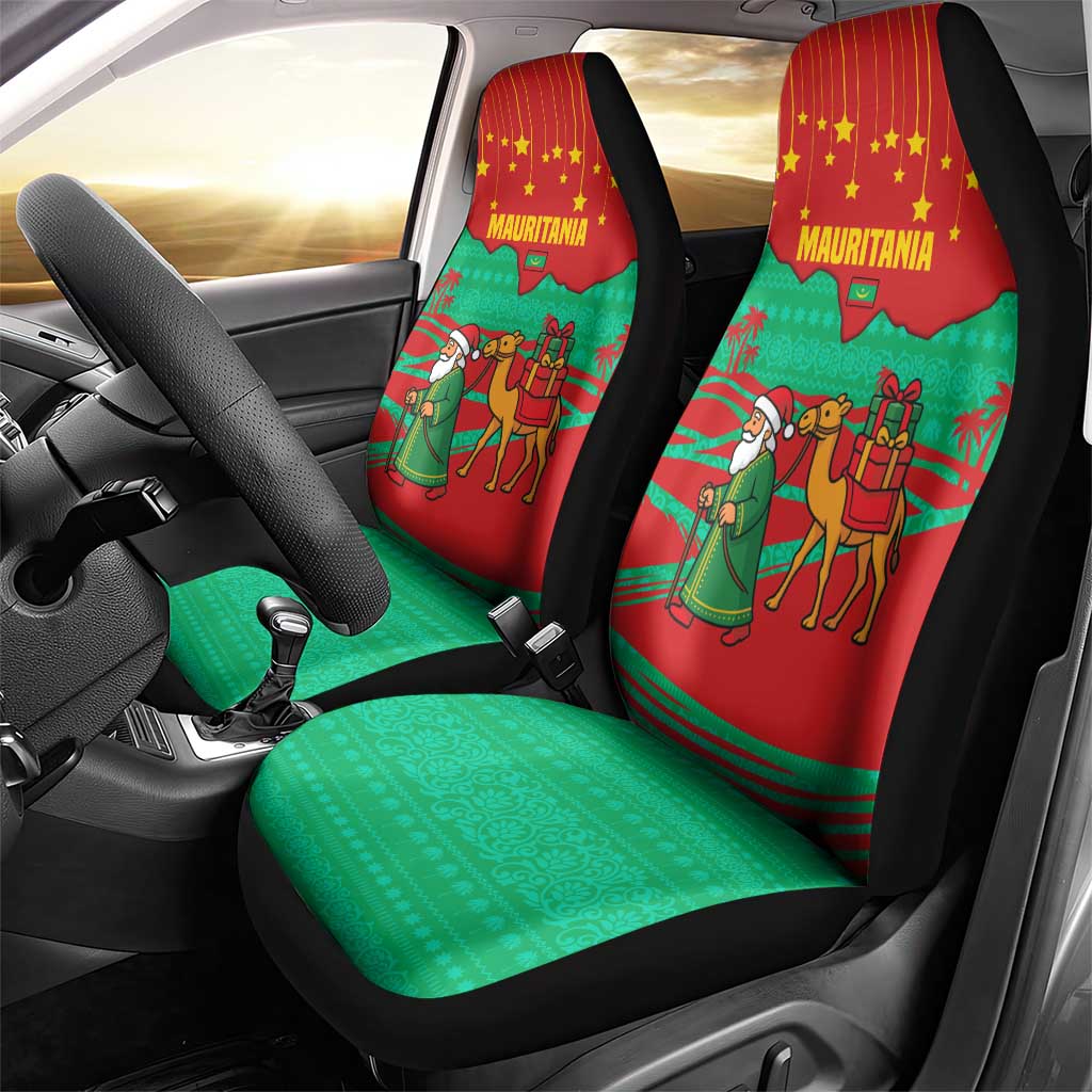 Mauritania Christmas Car Seat Cover with Santa Claus Camel Gift Boxes Starry Sky and Desert Pattern Design - Wonder Print Shop