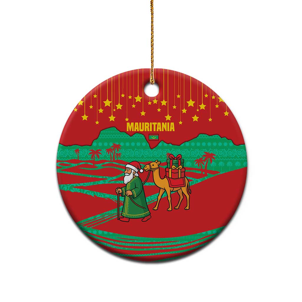 Mauritania Christmas Ceramic Ornament with Santa Claus Camel Gift Boxes Starry Sky and Desert Pattern Design - Wonder Print Shop