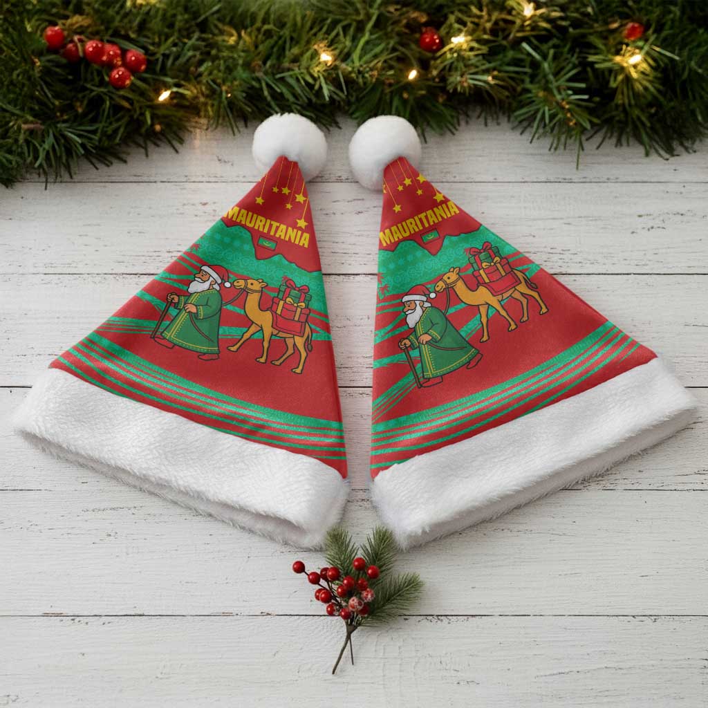 Mauritania Christmas Santa Hat with Santa Claus Camel Gift Boxes Starry Sky and Desert Pattern Design - Wonder Print Shop