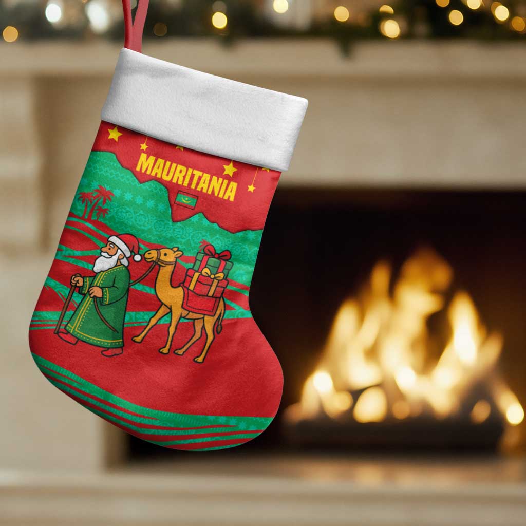 Mauritania Christmas Stocking with Santa Claus Camel Gift Boxes Starry Sky and Desert Pattern Design - Wonder Print Shop
