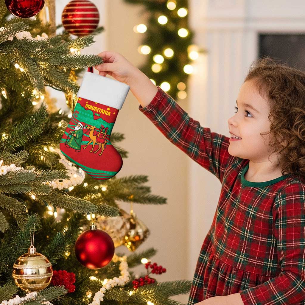 Mauritania Christmas Stocking with Santa Claus Camel Gift Boxes Starry Sky and Desert Pattern Design - Wonder Print Shop