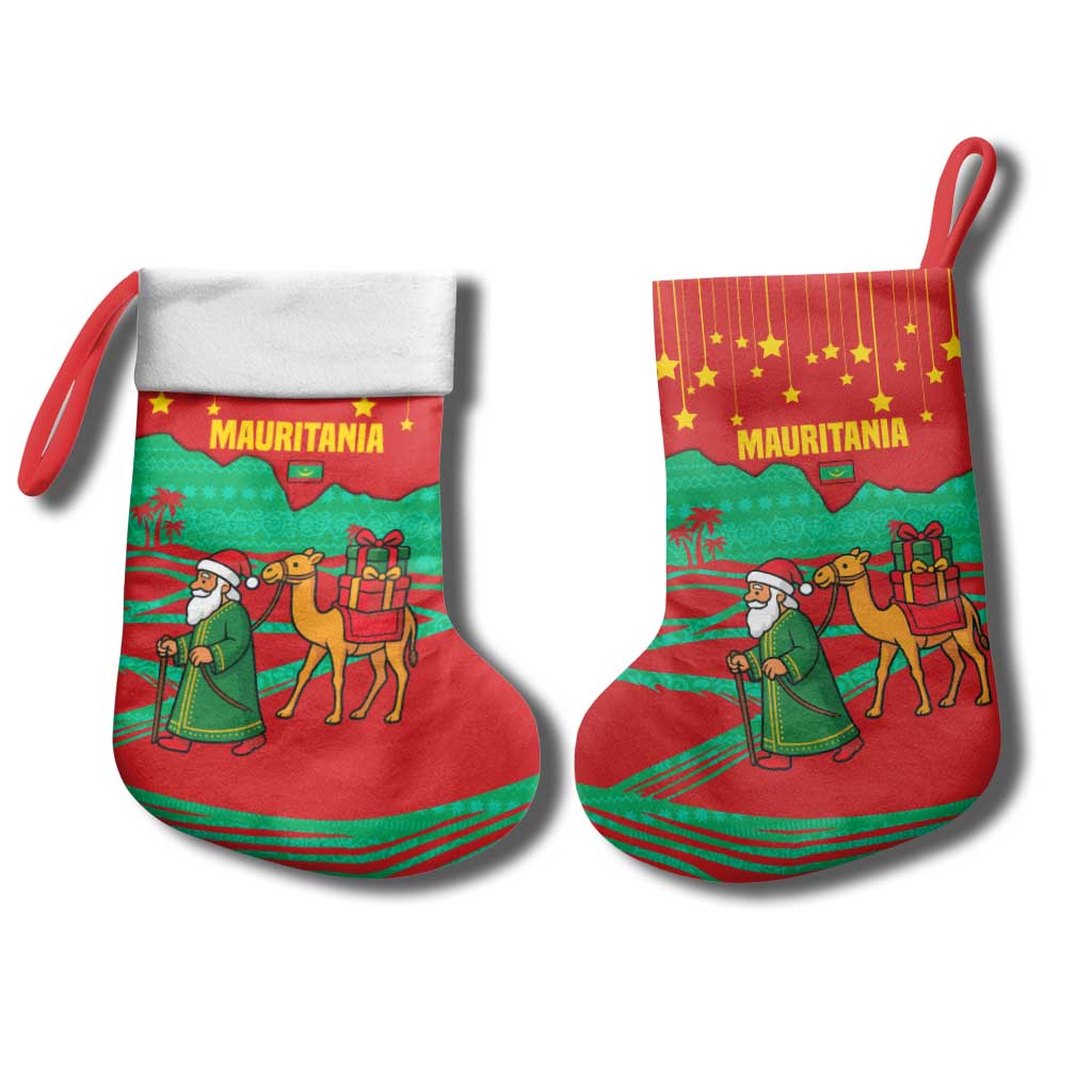 Mauritania Christmas Stocking with Santa Claus Camel Gift Boxes Starry Sky and Desert Pattern Design - Wonder Print Shop