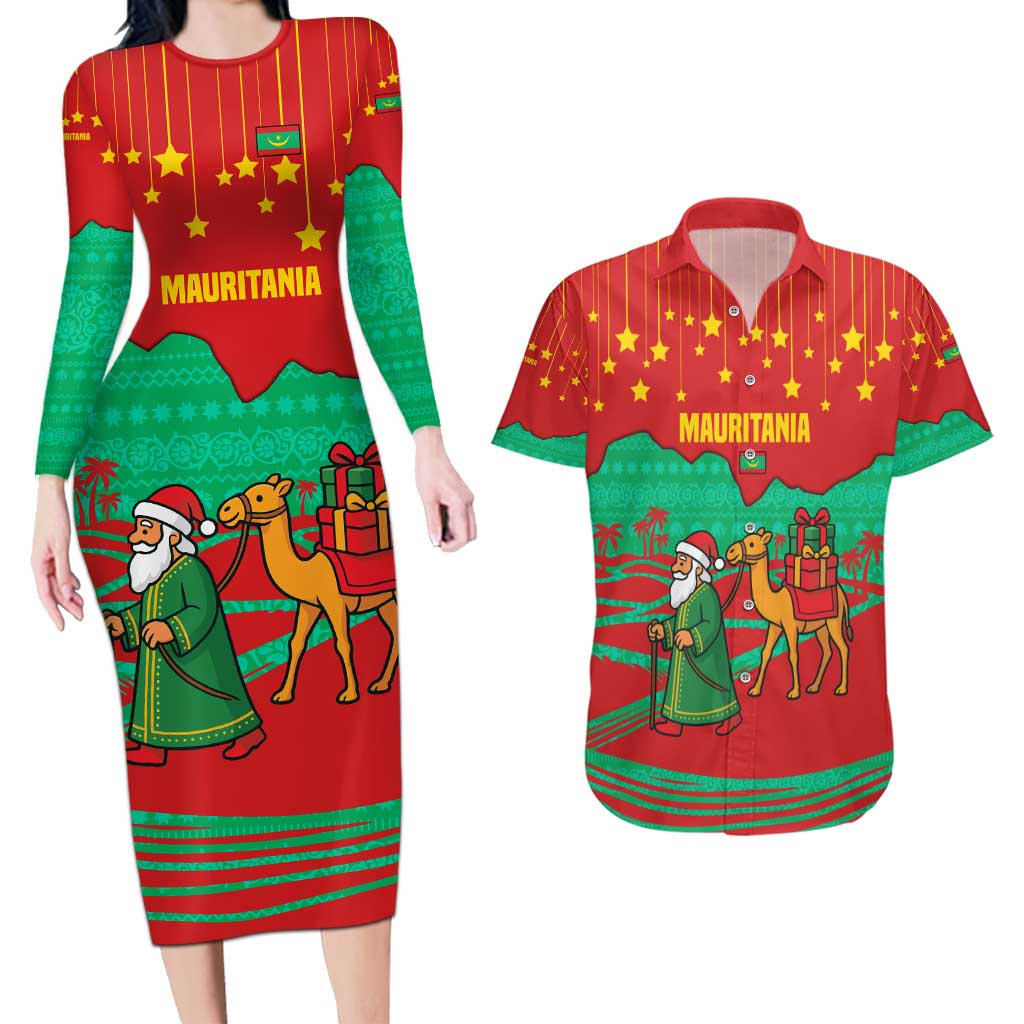 Mauritania Christmas Couples Matching Long Sleeve Bodycon Dress and Hawaiian Shirt with Santa Claus Camel Gift Boxes Starry Sky and Desert Pattern Design - Wonder Print Shop