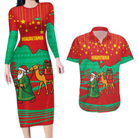 Mauritania Christmas Couples Matching Long Sleeve Bodycon Dress and Hawaiian Shirt with Santa Claus Camel Gift Boxes Starry Sky and Desert Pattern Design - Wonder Print Shop
