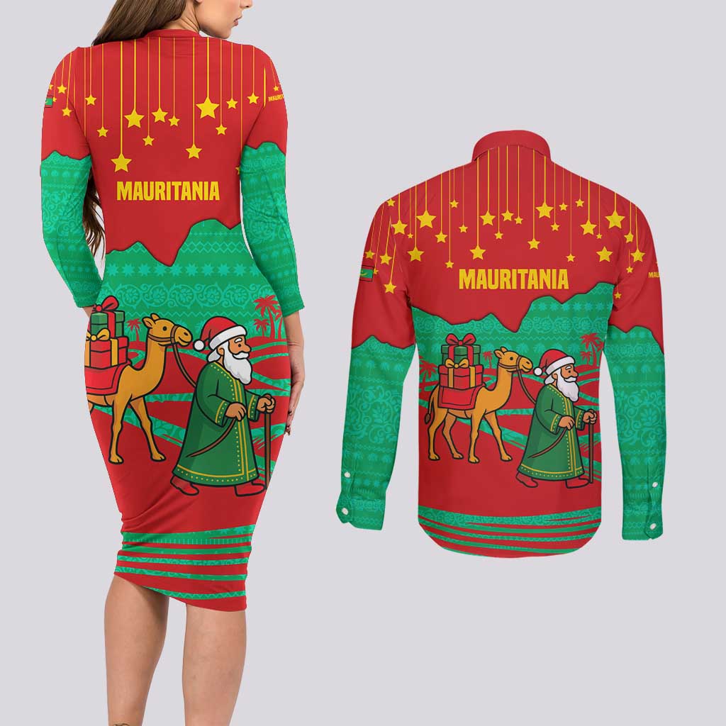 Mauritania Christmas Couples Matching Long Sleeve Bodycon Dress and Long Sleeve Button Shirt with Santa Claus Camel Gift Boxes Starry Sky and Desert Pattern Design - Wonder Print Shop