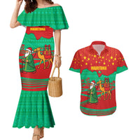 Mauritania Christmas Couples Matching Mermaid Dress and Hawaiian Shirt with Santa Claus Camel Gift Boxes Starry Sky and Desert Pattern Design - Wonder Print Shop
