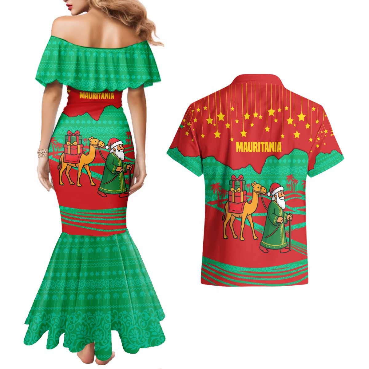 Mauritania Christmas Couples Matching Mermaid Dress and Hawaiian Shirt with Santa Claus Camel Gift Boxes Starry Sky and Desert Pattern Design - Wonder Print Shop