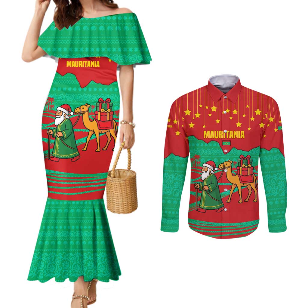 Mauritania Christmas Couples Matching Mermaid Dress and Long Sleeve Button Shirt with Santa Claus Camel Gift Boxes Starry Sky and Desert Pattern Design - Wonder Print Shop