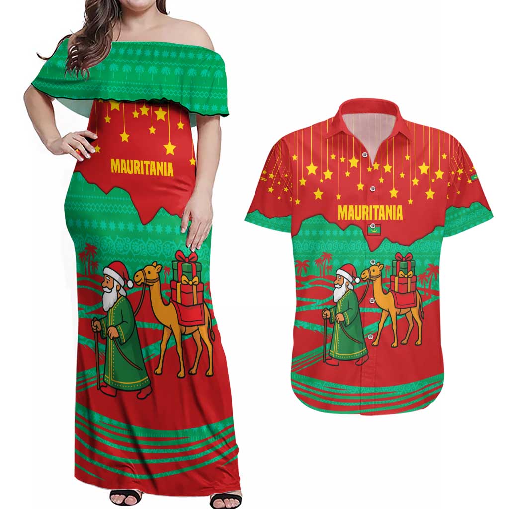 Mauritania Christmas Couples Matching Off Shoulder Maxi Dress and Hawaiian Shirt with Santa Claus Camel Gift Boxes Starry Sky and Desert Pattern Design - Wonder Print Shop