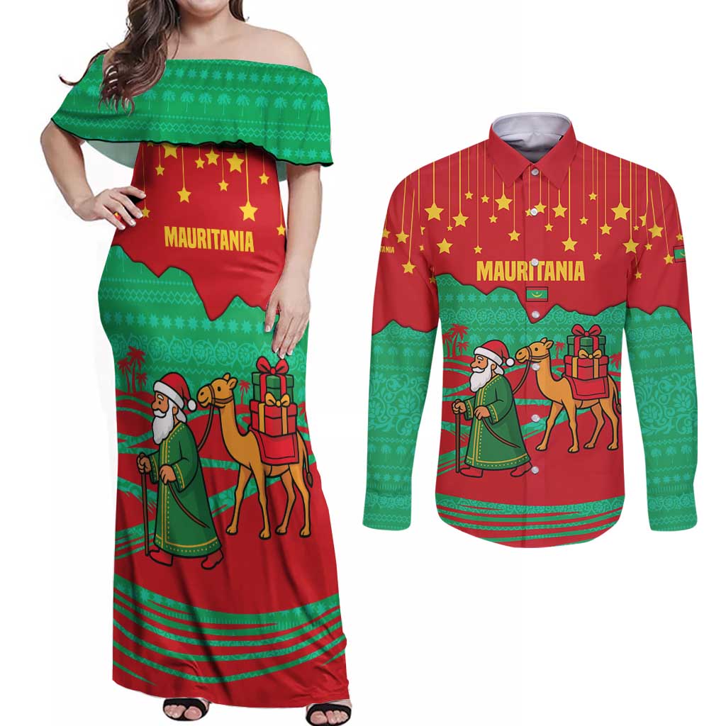 Mauritania Christmas Couples Matching Off Shoulder Maxi Dress and Long Sleeve Button Shirt with Santa Claus Camel Gift Boxes Starry Sky and Desert Pattern Design - Wonder Print Shop