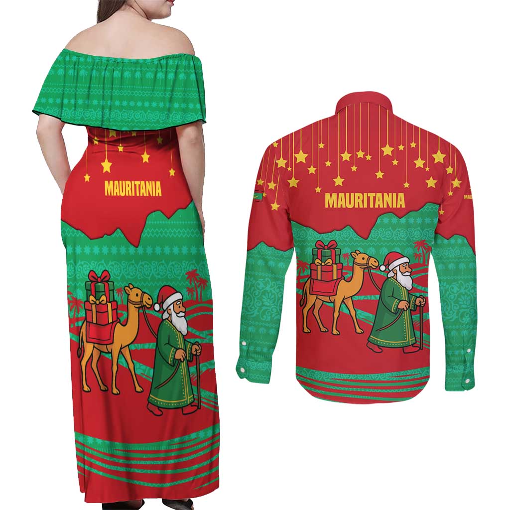 Mauritania Christmas Couples Matching Off Shoulder Maxi Dress and Long Sleeve Button Shirt with Santa Claus Camel Gift Boxes Starry Sky and Desert Pattern Design - Wonder Print Shop