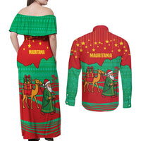 Mauritania Christmas Couples Matching Off Shoulder Maxi Dress and Long Sleeve Button Shirt with Santa Claus Camel Gift Boxes Starry Sky and Desert Pattern Design - Wonder Print Shop