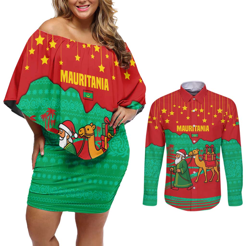 Mauritania Christmas Couples Matching Off Shoulder Short Dress and Long Sleeve Button Shirt with Santa Claus Camel Gift Boxes Starry Sky and Desert Pattern Design - Wonder Print Shop