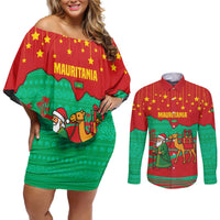 Mauritania Christmas Couples Matching Off Shoulder Short Dress and Long Sleeve Button Shirt with Santa Claus Camel Gift Boxes Starry Sky and Desert Pattern Design - Wonder Print Shop