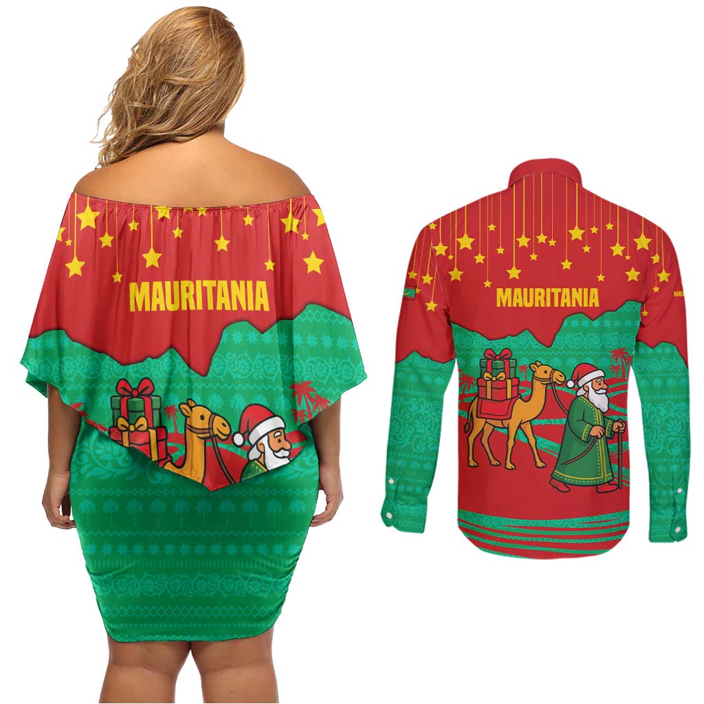 Mauritania Christmas Couples Matching Off Shoulder Short Dress and Long Sleeve Button Shirt with Santa Claus Camel Gift Boxes Starry Sky and Desert Pattern Design - Wonder Print Shop