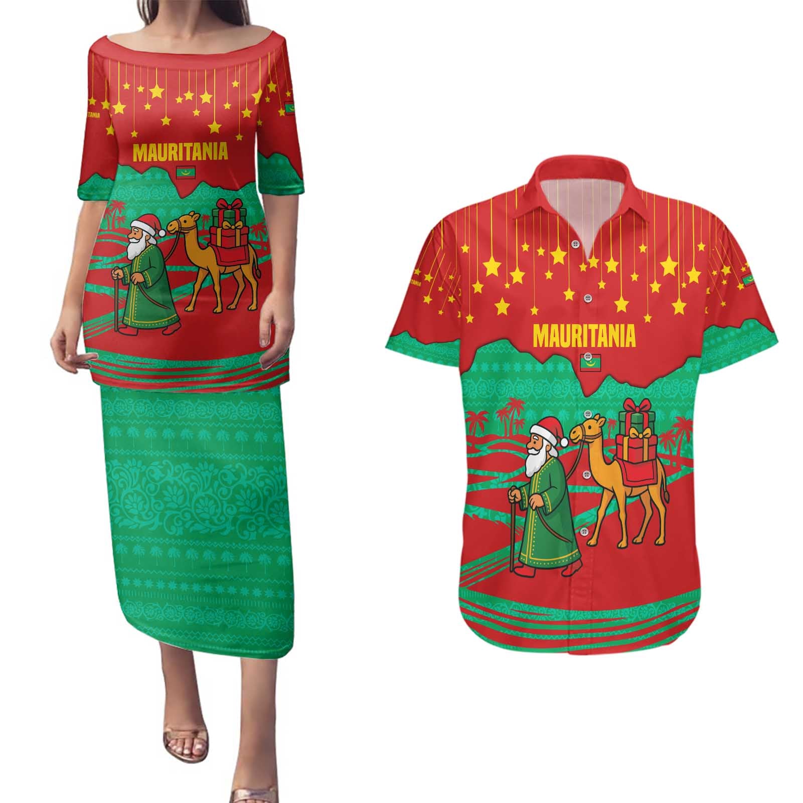 Mauritania Christmas Couples Matching Puletasi and Hawaiian Shirt with Santa Claus Camel Gift Boxes Starry Sky and Desert Pattern Design - Wonder Print Shop