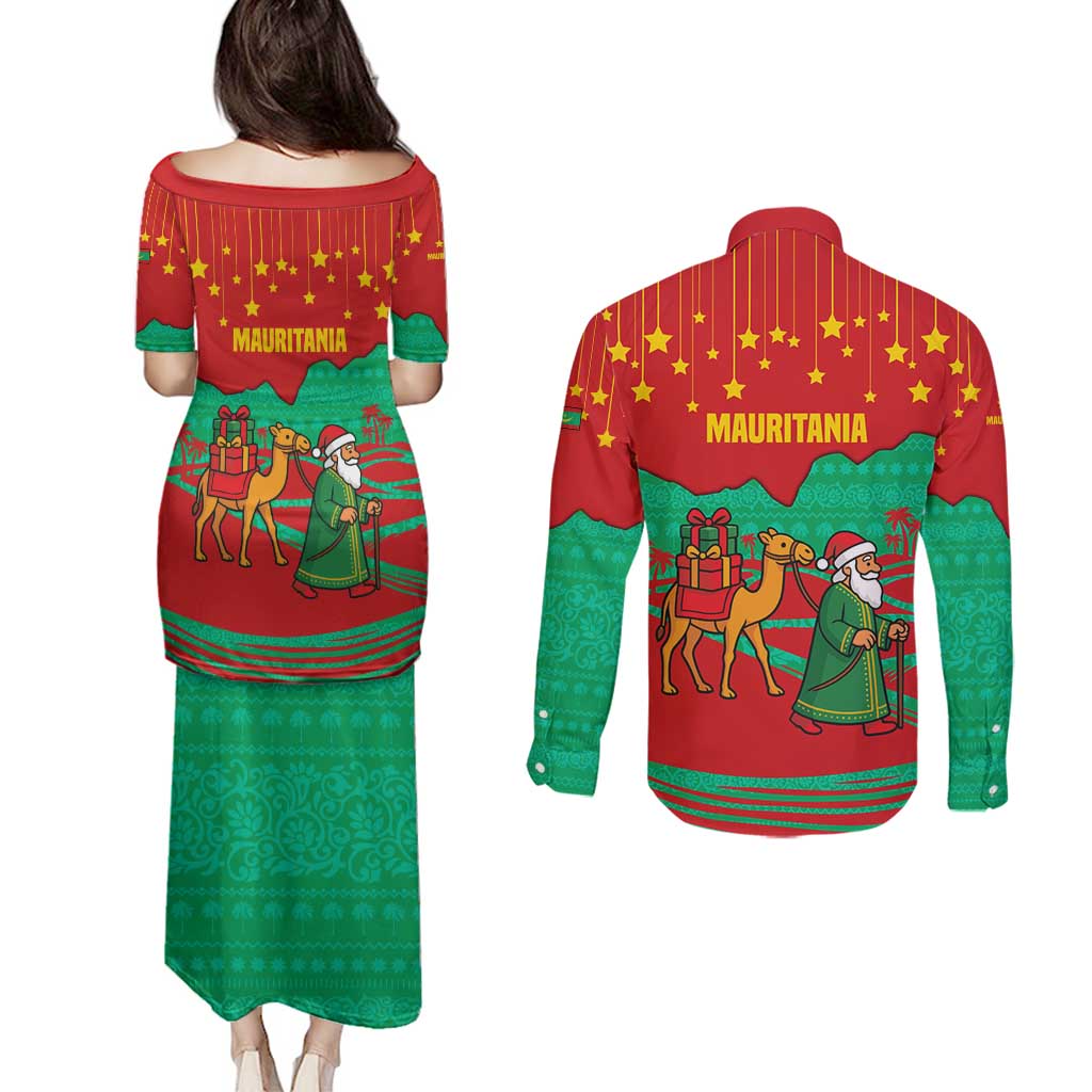 Mauritania Christmas Couples Matching Puletasi and Long Sleeve Button Shirt with Santa Claus Camel Gift Boxes Starry Sky and Desert Pattern Design - Wonder Print Shop