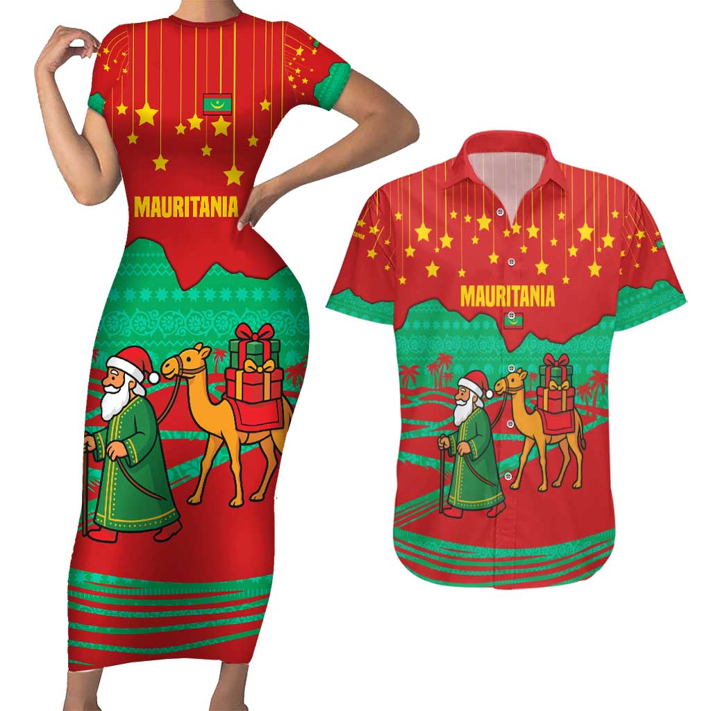 Mauritania Christmas Couples Matching Short Sleeve Bodycon Dress and Hawaiian Shirt with Santa Claus Camel Gift Boxes Starry Sky and Desert Pattern Design - Wonder Print Shop