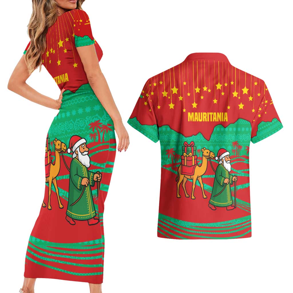 Mauritania Christmas Couples Matching Short Sleeve Bodycon Dress and Hawaiian Shirt with Santa Claus Camel Gift Boxes Starry Sky and Desert Pattern Design - Wonder Print Shop