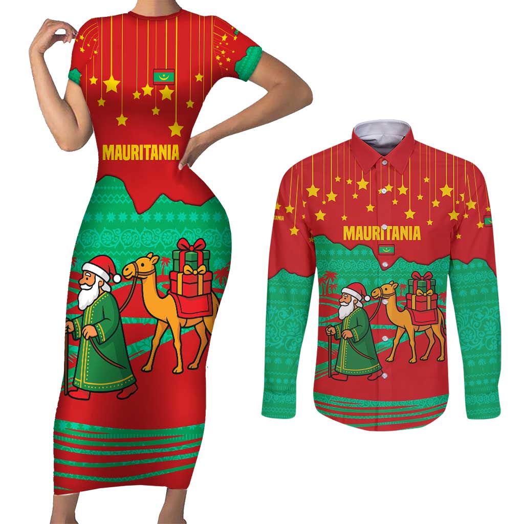 Mauritania Christmas Couples Matching Short Sleeve Bodycon Dress and Long Sleeve Button Shirt with Santa Claus Camel Gift Boxes Starry Sky and Desert Pattern Design - Wonder Print Shop