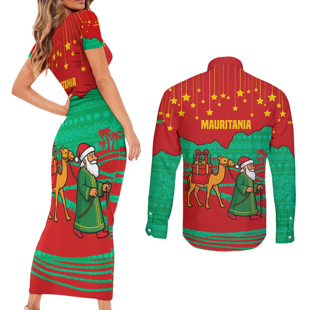 Mauritania Christmas Couples Matching Short Sleeve Bodycon Dress and Long Sleeve Button Shirt with Santa Claus Camel Gift Boxes Starry Sky and Desert Pattern Design - Wonder Print Shop
